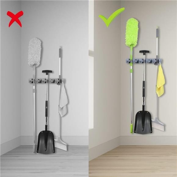 Rectangular Wall Mount Broom Holder and Garden Tool Organizer, 6 Hook and 5 slot - Picture 5 of 7